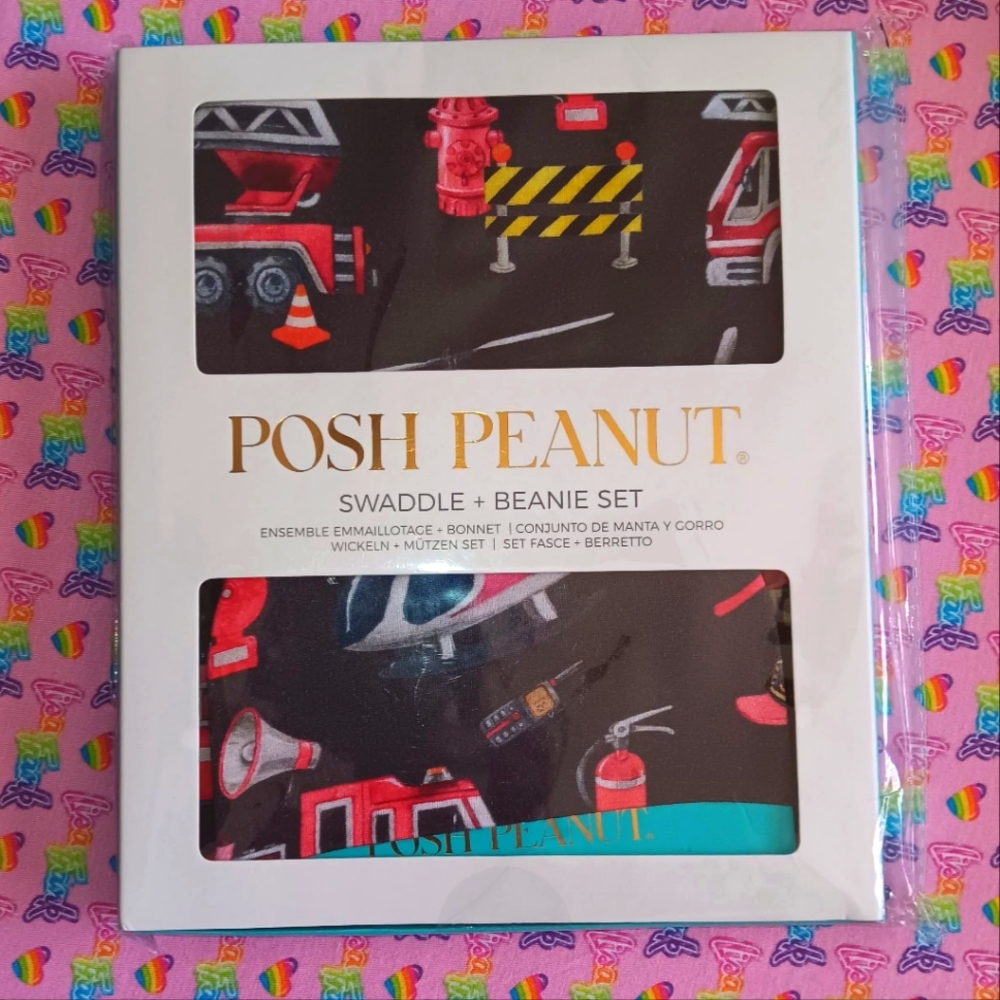 NIB POSH PEANUT FIREFIGHTER SWADDLE AND BEANIE SET